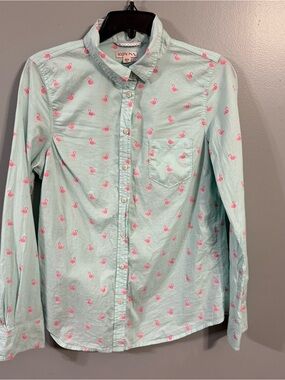 Merona Flamingo Button Down Shirt Mint Pink Cotton Preppy Blouse Tropical MD